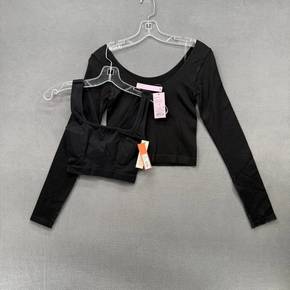 Wild Fable Crop Top Long Sleeve Ribbed & Colsie Seamless Bra Set Black Small NWT